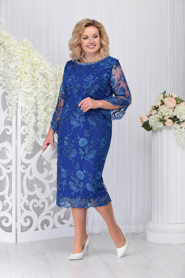 Rochie albastra de ocazie din material dantelat cu un croi drept cu maneca 3/4