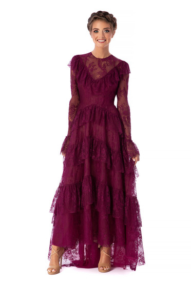 Rochie Ana Radu zmeura lunga de lux in clos din dantela cu volanase si maneci lungi tip clopot