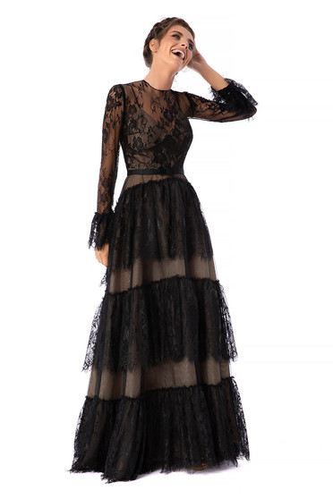 Rochie Ana Radu neagra de lux lunga in clos din dantela cu maneci lungi tip clopot si cordon detasabil