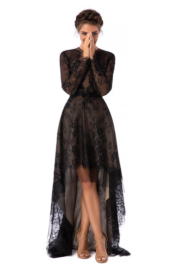 Rochie Ana Radu neagra de lux asimetrica in clos din dantela cu decolteu rotunjit cu maneci lungi din dantela
