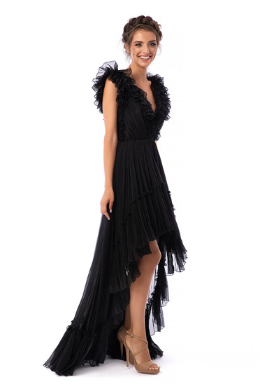 Rochie Ana Radu neagra de lux asimetrica in clos fara maneci cu volanase cu decolteu adanc in v