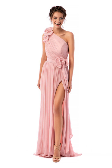 Rochie Ana Radu roz deschis de lux lunga in clos din voal pe umar captusita pe interior