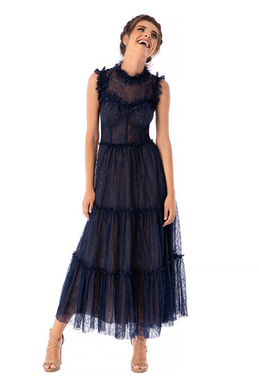 Rochie Ana Radu albastru-inchis de lux de ocazie midi tip corset in clos din dantela pe gat fara maneci