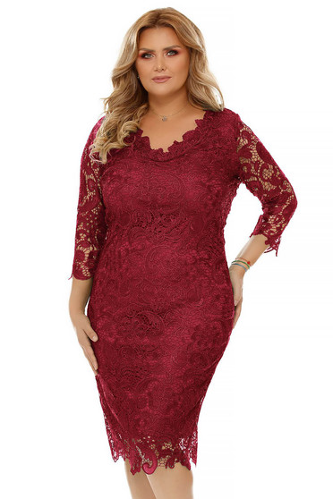 Rochie zmeura midi de ocazie tip creion din dantela cu maneci trei-sferturi cu decolteu in v si captusita pe interior