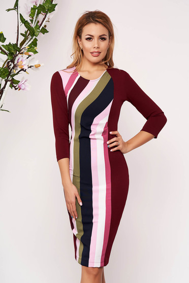 Rochie StarShinerS visinie office midi tip creion cu maneca 3/4 din material usor elastic cu dungi