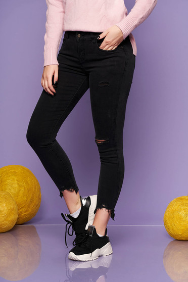Blugi SunShine negri skinny cu talie medie din bumbac usor elastic