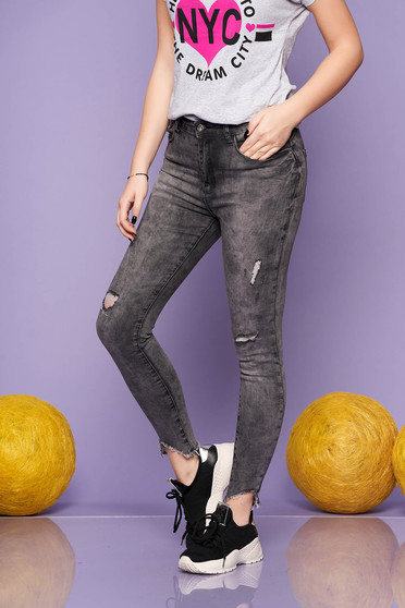 Blugi SunShine gri inchis casual skinny cu talie medie din bumbac usor elastic cu rupturi