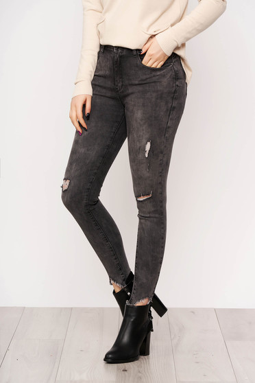 Blugi SunShine gri inchis casual skinny cu talie medie din bumbac usor elastic cu rupturi