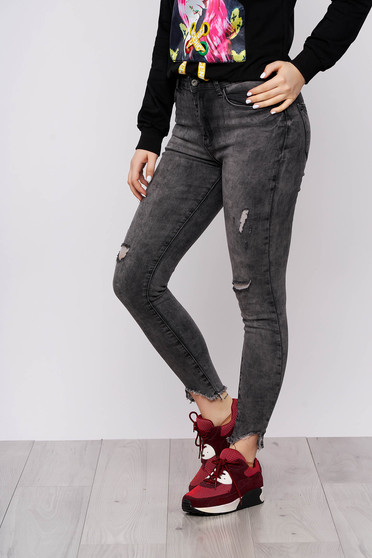 Blugi SunShine gri inchis casual skinny cu talie medie din bumbac usor elastic cu rupturi