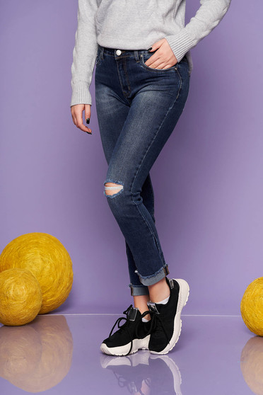 Blugi albastri SunShine skinny cu talie medie din bumbac usor elastic