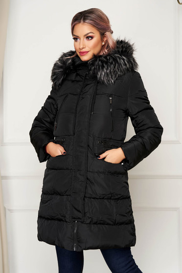 Coats & Jackets, Black casual jacket from slicker with inside lining with pockets with faux fur accessory - StarShinerS.com