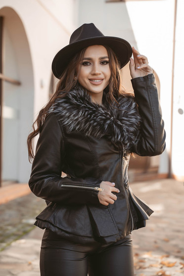 Black jacket from ecological leather arched cut fur collar with faux fur lining
