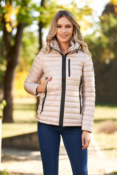 Geaca SunShine crem casual din fas captusita cu blana subtire cu un croi cambrat