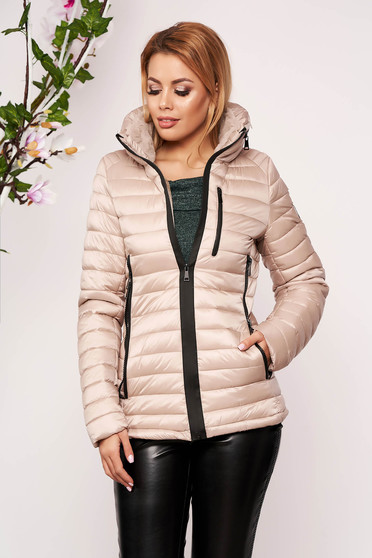 Geaca SunShine crem casual din fas captusita cu blana subtire cu un croi cambrat
