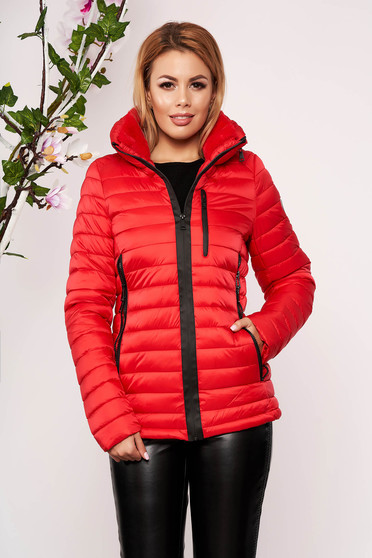 Geaca SunShine rosie casual din fas captusite cu blana subtire cu un croi cambrat