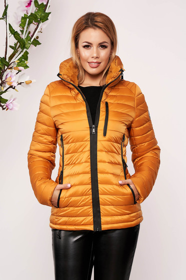 Geaca SunShine mustarie casual din fas captusite cu blana subtire cu un croi cambrat