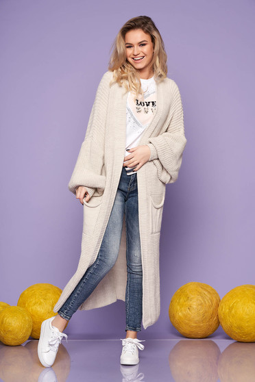 Cardigan SunShine crem casual lunga din material tricotat cu maneci lungi