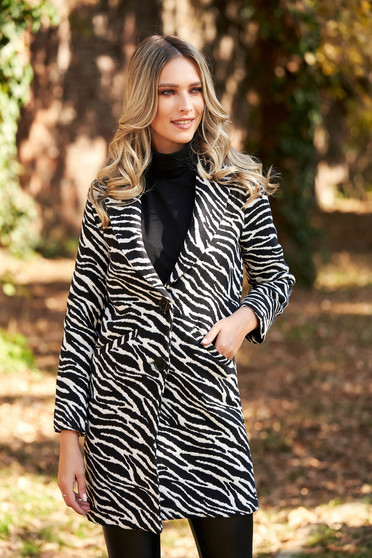 Trench SunShine negru casual cu un croi drept din material gros captusit pe interior