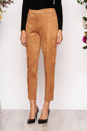 Pantaloni StarShinerS cappuccino casual cu talie inalta din material catifelat