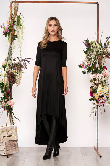Rochie neagra asimetrica de zi din bumbac usor elastic cu maneci trei-sferturi