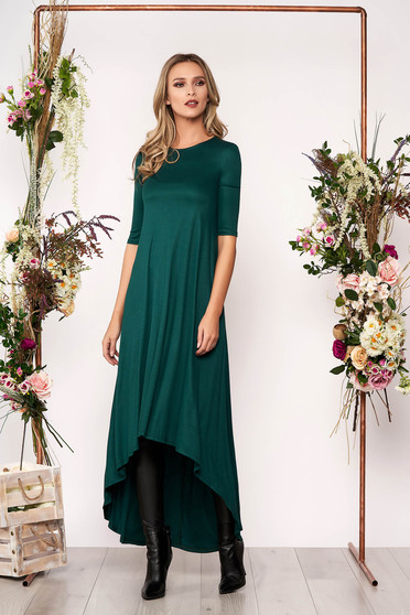 Rochie verde petrol asimetrica de zi din bumbac usor elastic cu maneci trei-sferturi