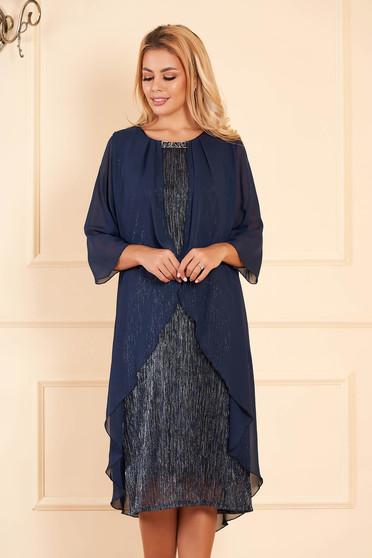 Rochie albastru-inchis eleganta de ocazie midi tip creion cu maneci scurte cu maneci din voal suprapunere cu voal