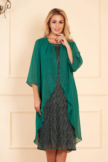 Rochie verde eleganta de ocazie midi tip creion cu maneci scurte cu maneci din voal suprapunere cu voal