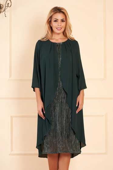 Rochie verde-inchis eleganta de ocazie midi tip creion cu maneci scurte cu maneci din voal suprapunere cu voal