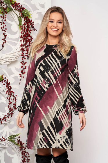 Rochie StarShinerS mov de zi din material tricotat cu croi larg si maneci lungi