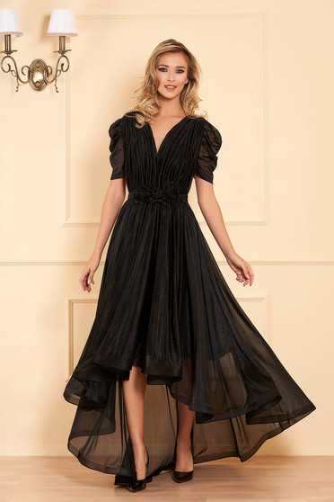 Rochie LaDonna neagra de ocazie in clos cu decolteu in v material stralucitor cu aplicatii florale