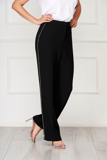 Pantaloni Dama , Pantaloni Top Secret negri eleganti cu talie inalta si aplicatii cu pietre strass in lateral - StarShinerS.ro