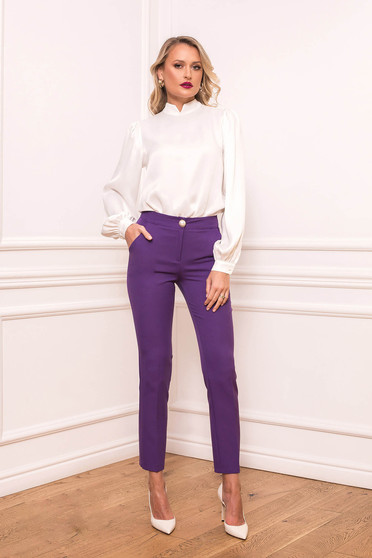 Pantaloni PrettyGirl mov conici office cu talie inalta din stofa usor elastica