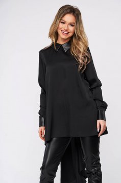 Black women`s blouse with collar long sleeve flared