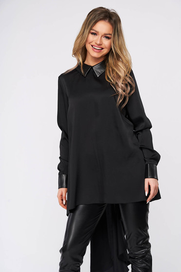 Black women`s blouse with collar long sleeve flared