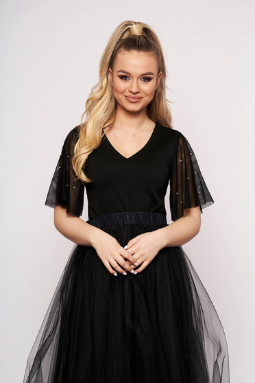 Bluza dama Top Secret neagra de party scurta din voal cu croi larg cu aplicatii cu perle