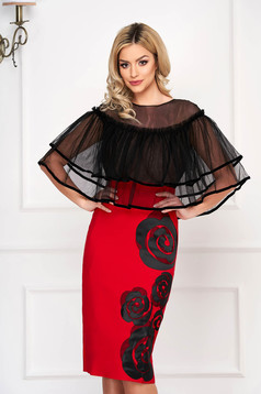 Red occasional pencil midi dress with ruffles on the chest with tented cut overlay material at bust