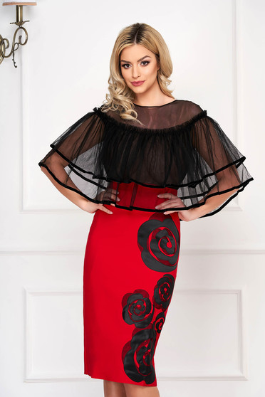 Red occasional pencil midi dress with ruffles on the chest with tented cut overlay material at bust