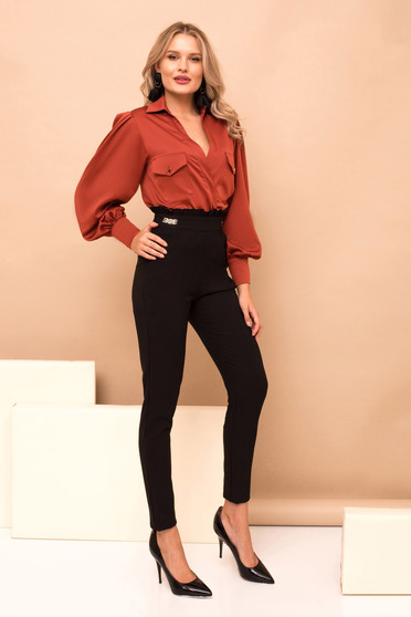 Pantaloni PrettyGirl negri lungi cu un croi drept cu buzunare si talie inalta