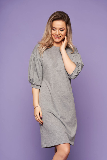 Rochie StarShinerS gri cu un decolteu la baza gatului si cu maneci bufante trei-sferturi casual de zi
