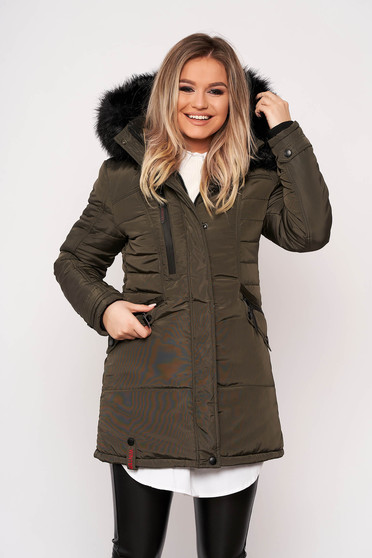 Geaca SunShine khaki casual midi din fas cu buzunare cu gluga detasabila imblanita