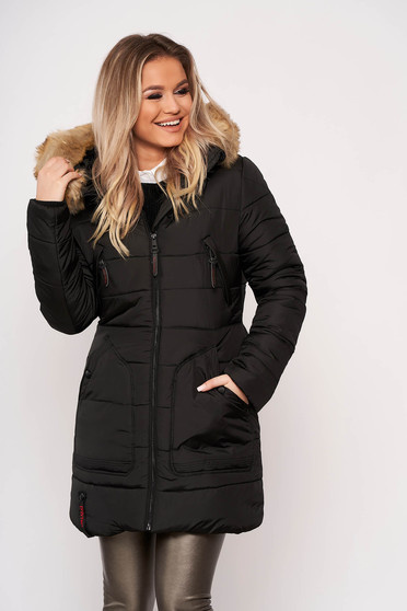 Geaca SunShine neagra casual midi din fas cu buzunare cu maneca lunga gluga detasabila si imblanita
