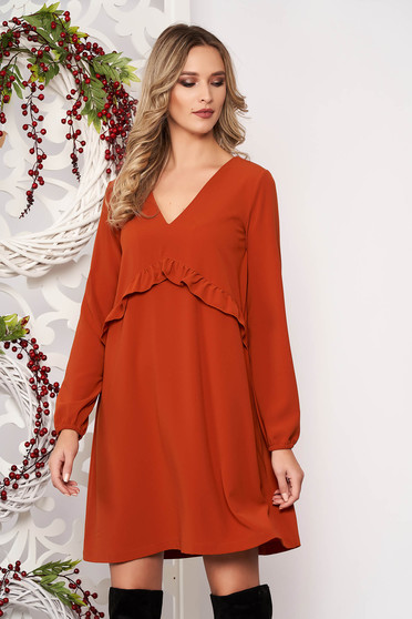 Rochie StarShinerS caramizie cu croi larg midi cu volanase cu decolteu in v cu maneci prinse in elastic