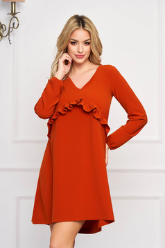 Dress StarShinerS bricky midi flared with ruffles on the chest with v-neckline elastic held sleeves