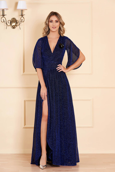 Rochie Artista albastra de ocazie in clos lunga din tesatura metalica cu luciu captusita pe interior cu decolteu in v