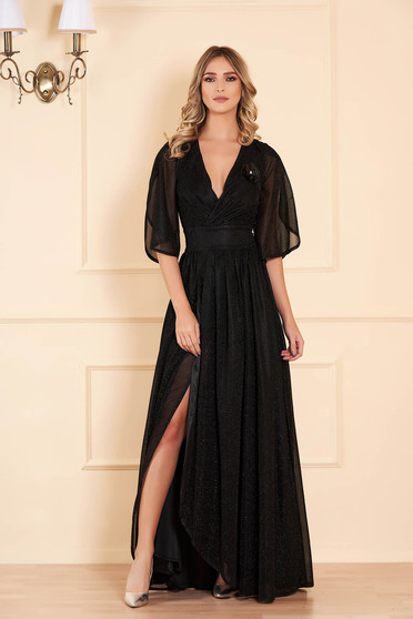Rochie Artista neagra de ocazie in clos lunga din tesatura metalica cu luciu captusita pe interior cu decolteu in v
