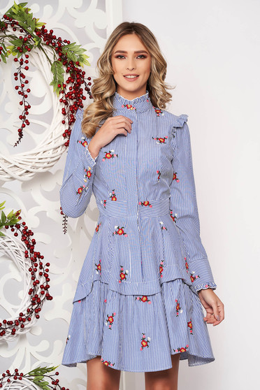 Rochie Artista albastra croi in clos asimetrica cu imprimeuri florale cu volanase guler inalt