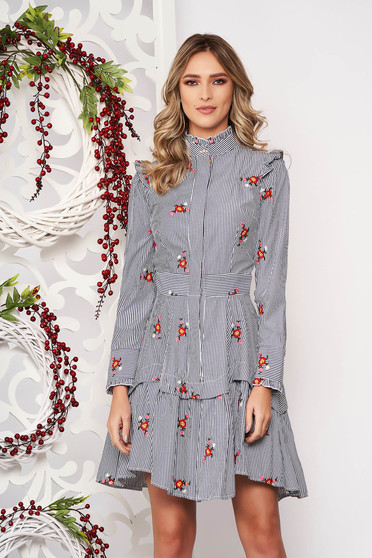 Rochie Artista gri croi in clos asimetrica cu imprimeuri florale cu volanase guler inalt