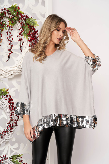 Bluza dama SunShine gri cu croi larg scurta din material elastic si subtire cu aplicatii cu paiete cu maneci scurte