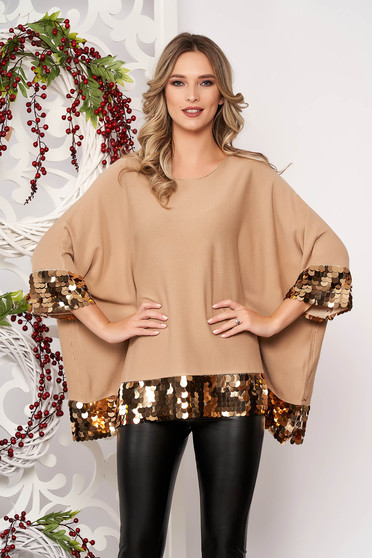 Bluza dama SunShine cappuccino cu croi larg scurta din material elastic si subtire cu aplicatii cu paiete cu maneci scurte