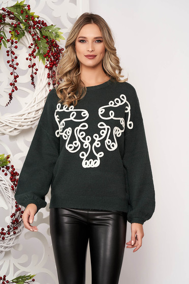 Pulover SunShine verde petrol cu croi larg scurt din lana cu aplicatii de catifea cu maneci lungi